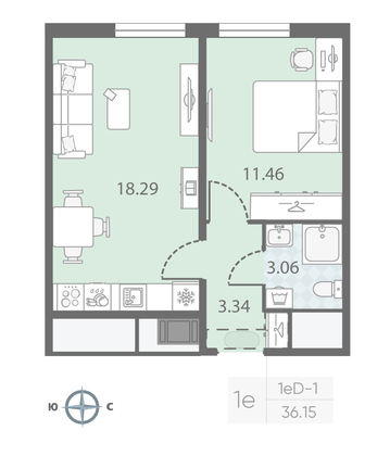Продажа 1-комнатной квартиры 36,2 м², 6/23 этаж