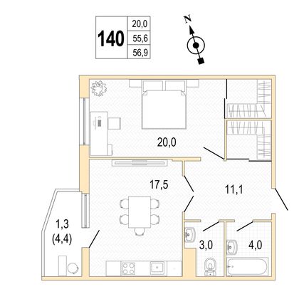 Продажа 1-комнатной квартиры 57,3 м², 4/8 этаж