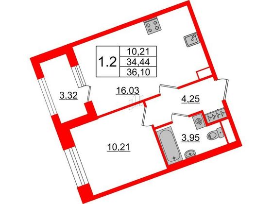 Продажа 1-комнатной квартиры 34,4 м², 3/6 этаж