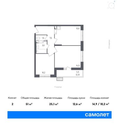 51 м², 2-комн. квартира, 5/12 этаж