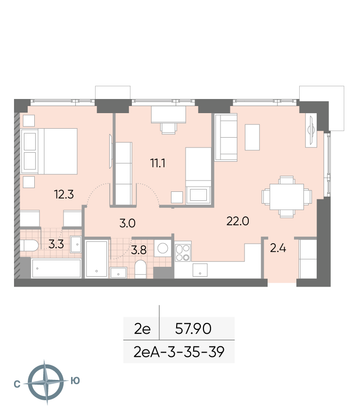 Продажа 2-комнатной квартиры 57,9 м², 39/52 этаж