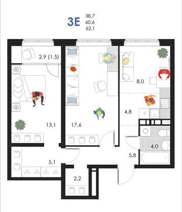 62,1 м², 3-комн. квартира, 5/6 этаж