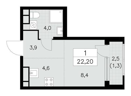 22,2 м², своб. планировка, 15/30 этаж