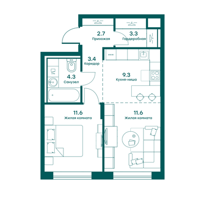 46,2 м², 2-комн. квартира, 2 этаж