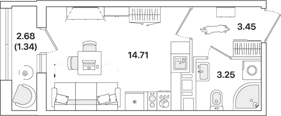 22,8 м², студия, 3/12 этаж