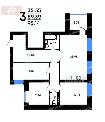 Продажа 3-комнатной квартиры 95,1 м², 2/3 этаж