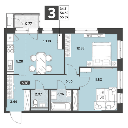 Продажа 3-комнатной квартиры 55,4 м², 7/25 этаж