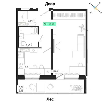 Продажа 1-комнатной квартиры 39 м², 7/17 этаж