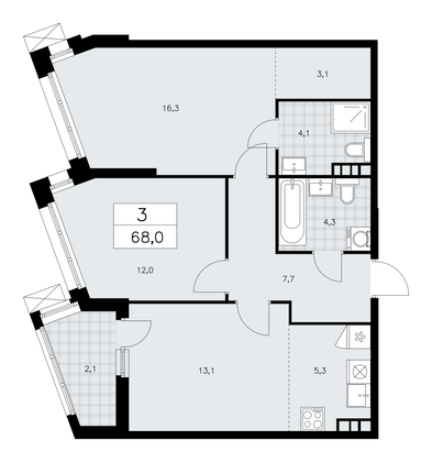 68 м², своб. планировка, 8/21 этаж