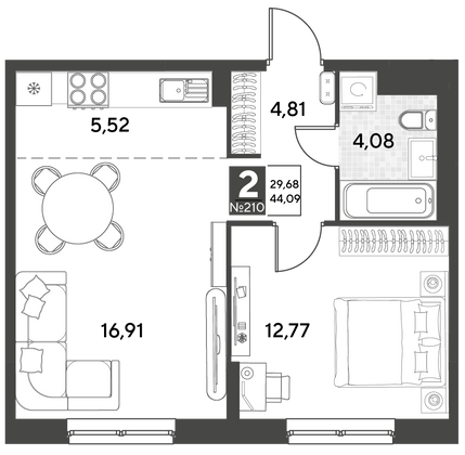 Продажа 2-комнатной квартиры 44,1 м², 4/25 этаж