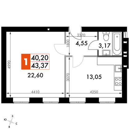 43,4 м², 1-комн. квартира, 3/4 этаж