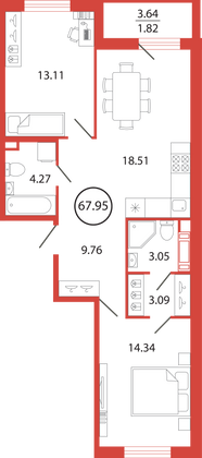 67,9 м², 2-комн. квартира, 6/12 этаж