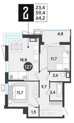 Продажа 2-комнатной квартиры 64,2 м², 16/18 этаж