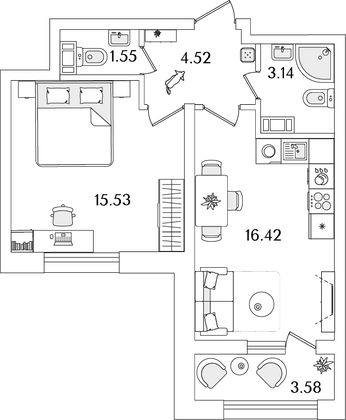 43 м², 1-комн. квартира, 13/23 этаж