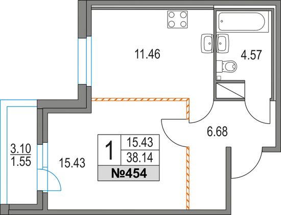 38,1 м², 1-комн. квартира, 3/16 этаж