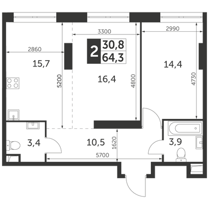 64,3 м², 2-комн. квартира, 30/47 этаж