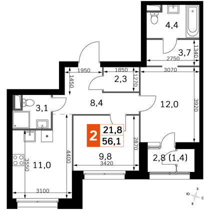 56,4 м², 2-комн. квартира, 2/44 этаж