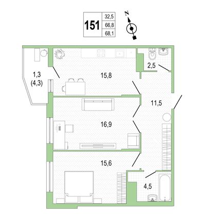 Продажа 2-комнатной квартиры 68,2 м², 7/8 этаж