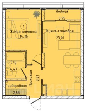 Продажа 1-комнатной квартиры 51 м², 2/30 этаж