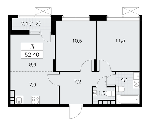 52,4 м², своб. планировка, 18/18 этаж