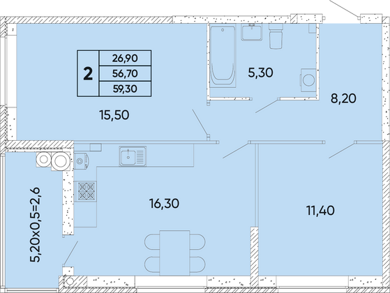 59,3 м², 2-комн. квартира, 2/18 этаж