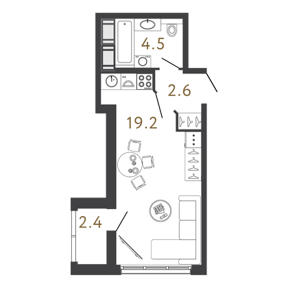 26,3 м², студия, 19/24 этаж