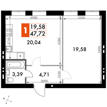 47,7 м², 1-комн. квартира, 3/4 этаж