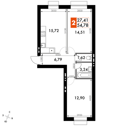 54,8 м², 2-комн. квартира, 4/4 этаж