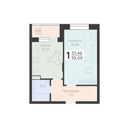 Продажа 1-комнатной квартиры 39,1 м², 3/18 этаж