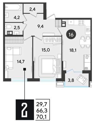 Продажа 2-комнатной квартиры 70,1 м², 3/9 этаж