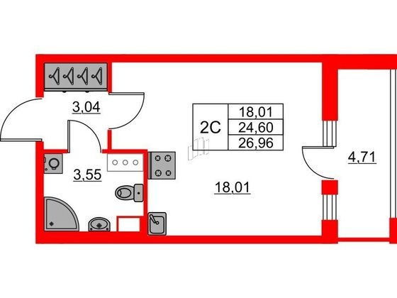 Продажа квартиры-студии 24,6 м², 9/23 этаж