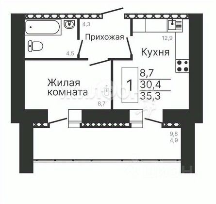 Продажа 1-комнатной квартиры 35,3 м², 5/11 этаж