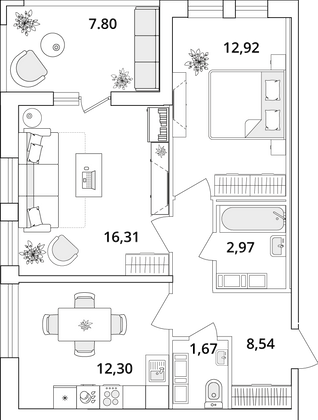 58,6 м², 2-комн. квартира, 15/18 этаж