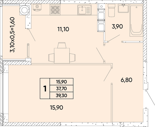 39,3 м², 1-комн. квартира, 6/9 этаж