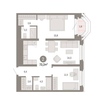 73,3 м², 2-комн. квартира, 3/24 этаж