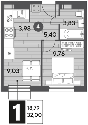 Продажа 1-комнатной квартиры 32 м², 2/9 этаж