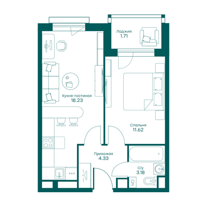 39,1 м², 1-комн. квартира, 5/5 этаж