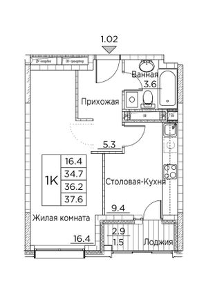 37,6 м², 1-комн. квартира, 22/23 этаж