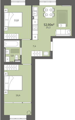 Продажа 2-комнатной квартиры 52,9 м², 1/9 этаж
