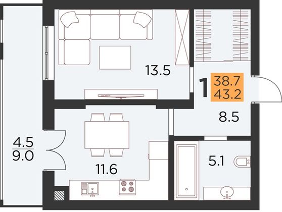 Продажа 1-комнатной квартиры 43,2 м², 3/17 этаж