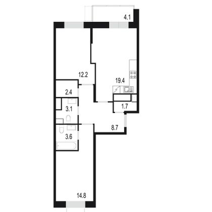 70 м², 2-комн. квартира, 24/25 этаж