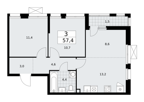 57,4 м², 3-комн. квартира, 2/18 этаж
