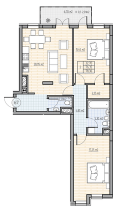 78,3 м², 2-комн. квартира, 5/7 этаж