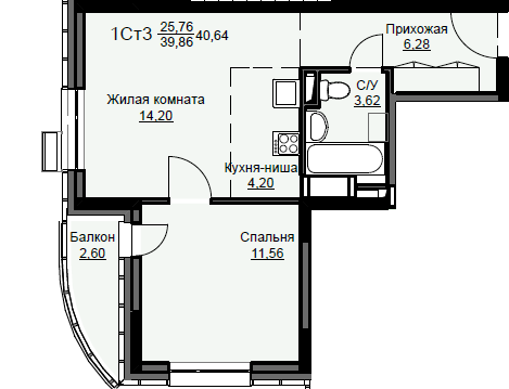 Продажа 1-комнатной квартиры 40,6 м², 14/17 этаж