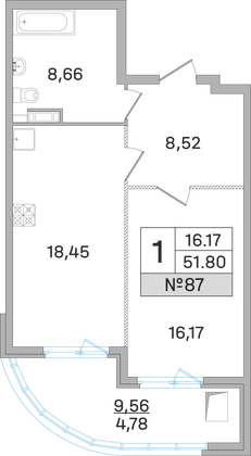 51,8 м², 1-комн. квартира, 6 этаж