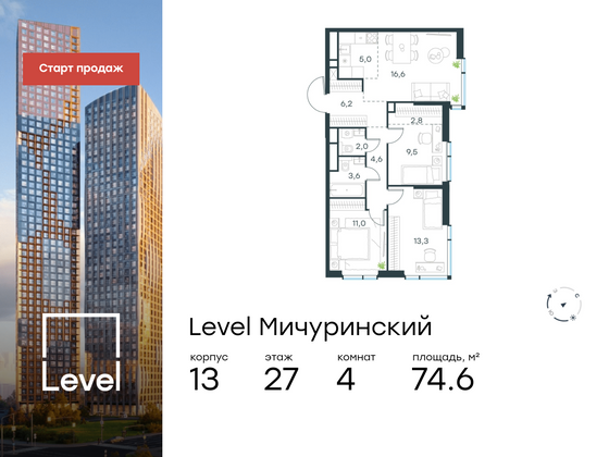 74,6 м², 4-комн. квартира, 27/31 этаж