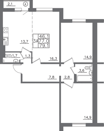 Продажа 3-комнатной квартиры 79,1 м², 8/9 этаж