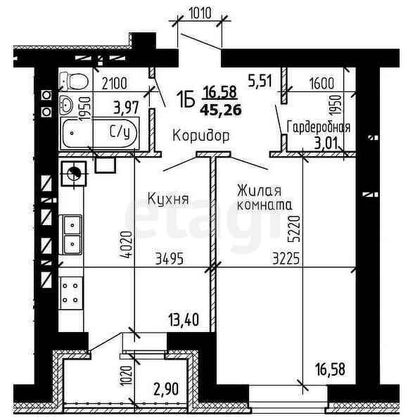 Продажа 1-комнатной квартиры 45,3 м², 2/10 этаж