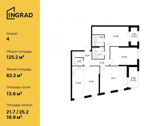 125,2 м², 4-комн. квартира, 28/29 этаж