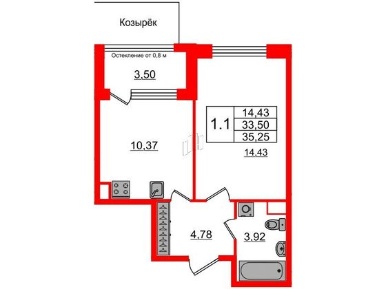 Продажа 1-комнатной квартиры 33,5 м², 2/7 этаж